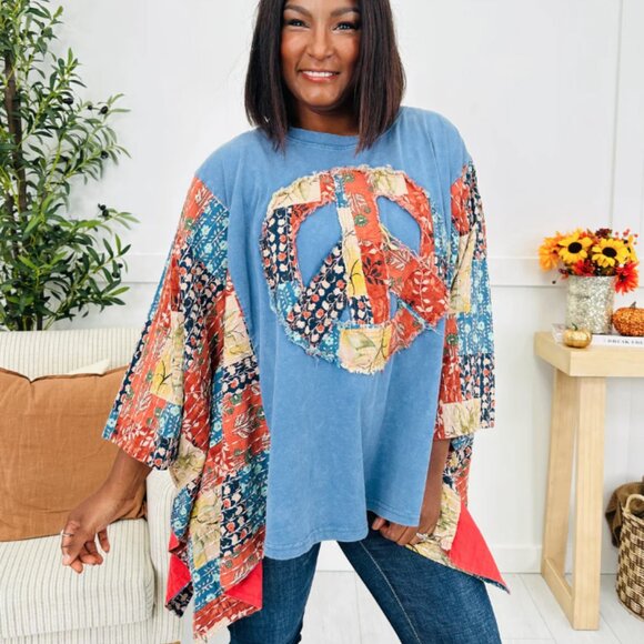 BLUE VELVET PATCHWORK PEACE SIGN PONCHO TOP NWT - Picture 3 of 9